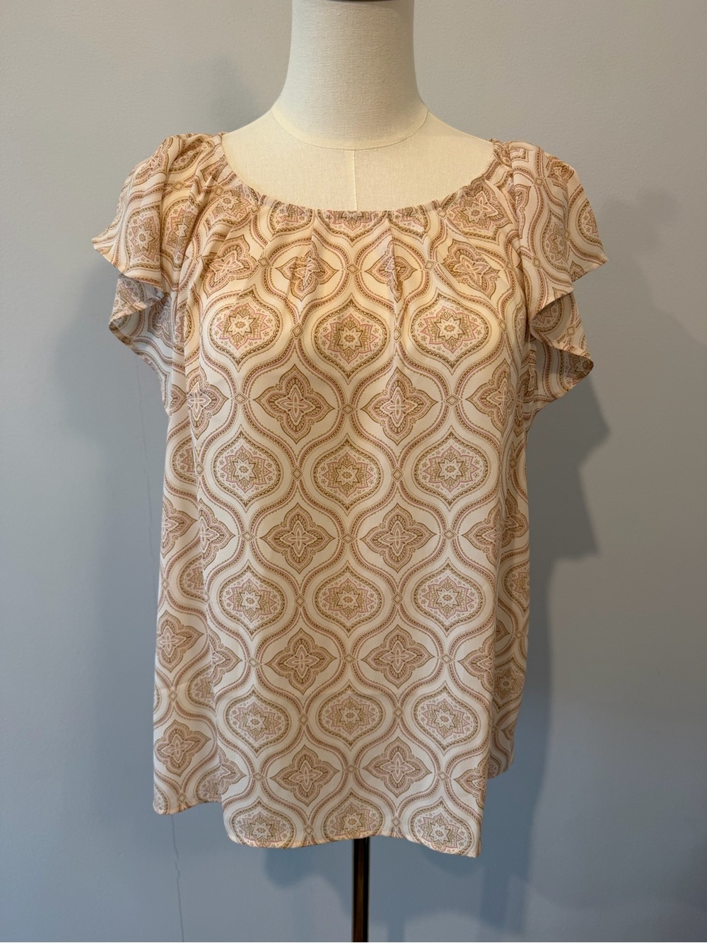 LOFT Cream and Tan/Pink Printed Short Sleeve Blouse